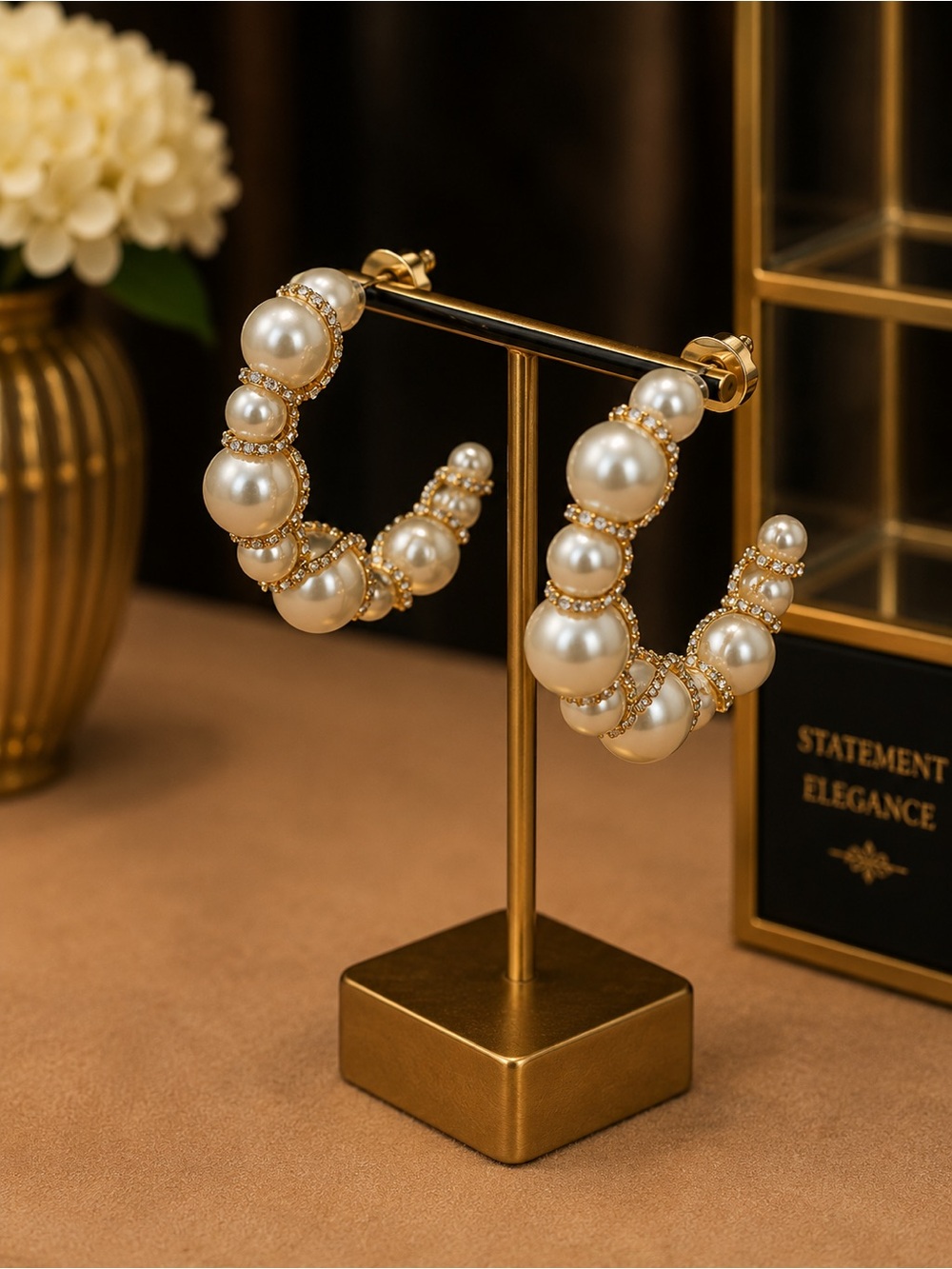 Elegant Pearl Hoop Earrings with Gold Accents - Cream